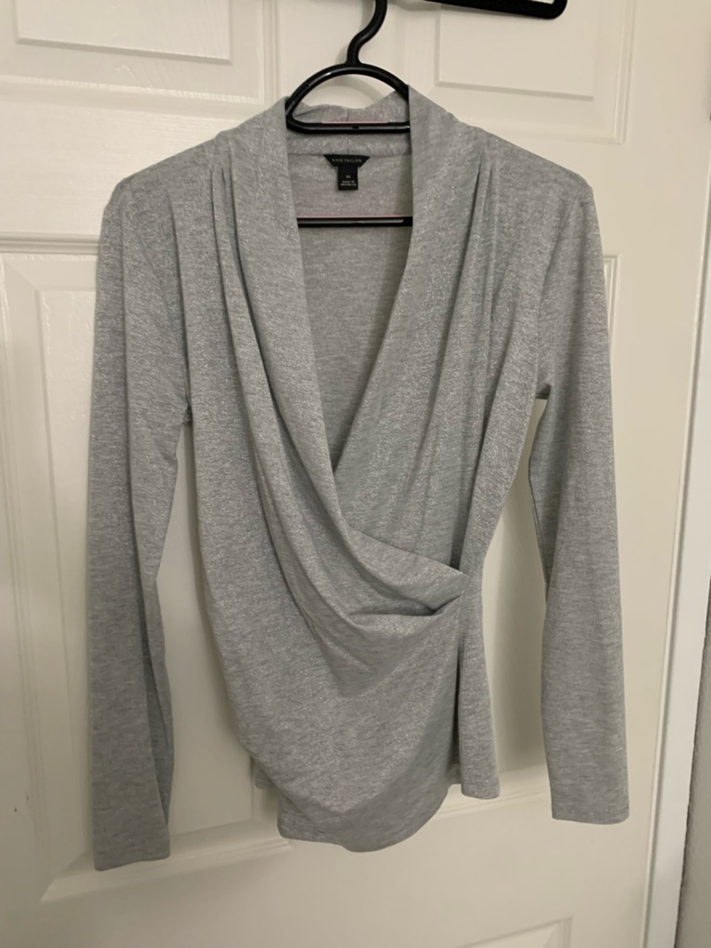Ann Taylor Gray Draped Wrap-Front Long Sleeve Top